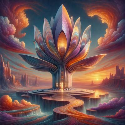 The primary subject of the image is a large, colorful flower with a purple center, surrounded by a blue and orange background. The visual style of the image is digital art, with a vibrant and lively atmosphere. The colors and mood of the image are predominantly blue, orange, and purple, creating a sense of warmth and energy.